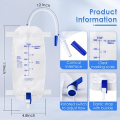 5 Pack 500ml Urinary Drainage Leg Bag with 12″ Tubing and Anti-Reflux Valve, 33.