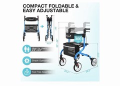PlanetWalk Super Lightweight Rollator Walker w/Seat Blue, 300lb 8” Wheel