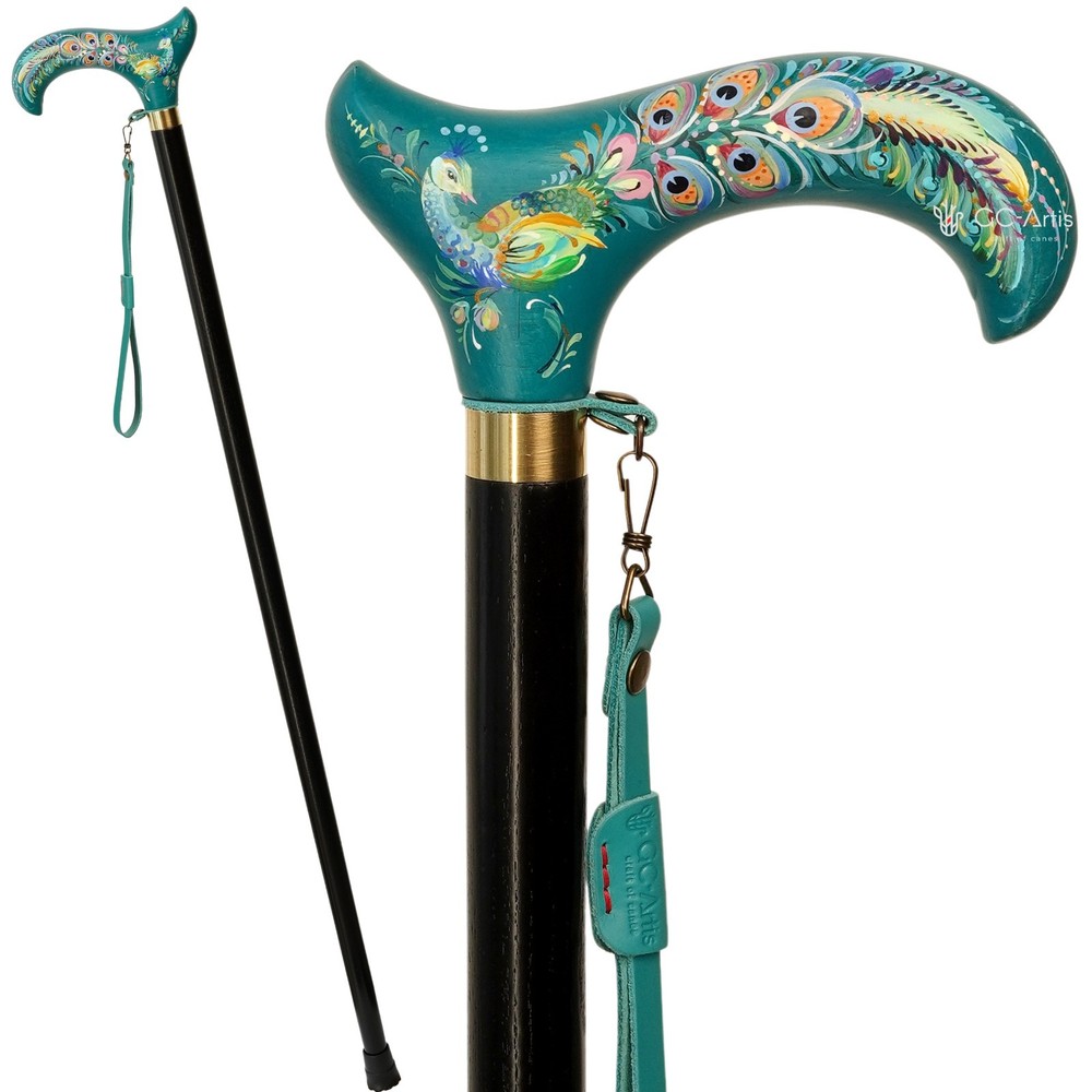 Peacock bird Hand Painted Derby Wooden Walking Stick Cane, Classic Walking Stick