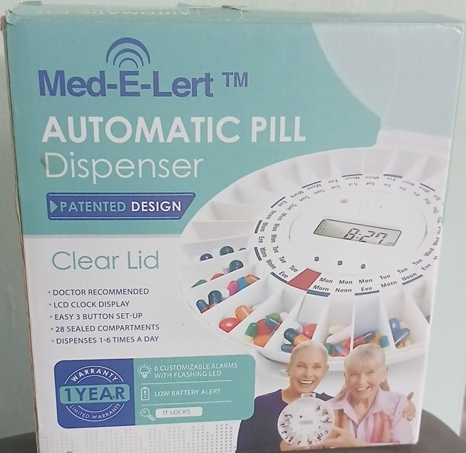 Med-E-Lert Automatic Pill Dispenser Clear Lid LCD Clock Display 28 Compartments
