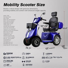 1000W Heavy Duty 4 Wheel Mobility Scooters for Seniors 40 Miles 500 lb Capacity