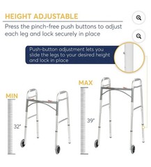 Drive Medical Deluxe Folding Walker with Wheels U-Shaped Frame Adjustable Height