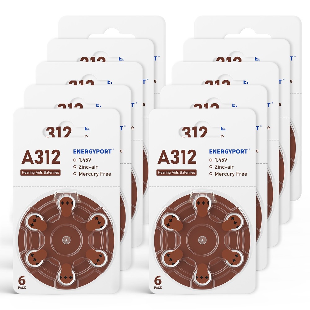 60 Count Size 312 1.45V Hearing Aid Batteries A312 PR41 Zinc air Mercury free