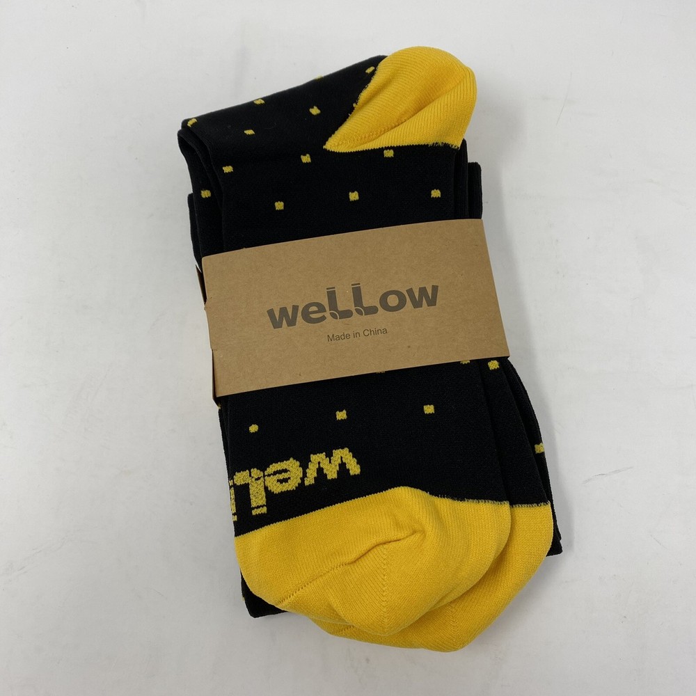 Wellow Bamboo Compression Socks L XL Black Yellow Dots Knee Length 18-25 mmHg