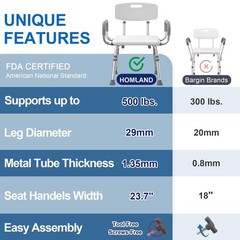 Adjustable Shower Chair with Padded Armrests & Back | Heavy-Duty Bath Seat for E