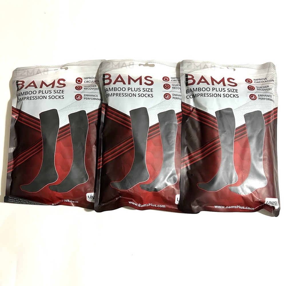 Lot Of 3 Bams Bamboo Plus Size Black Compression Long Socks (5XL) XXXXXL Unisex