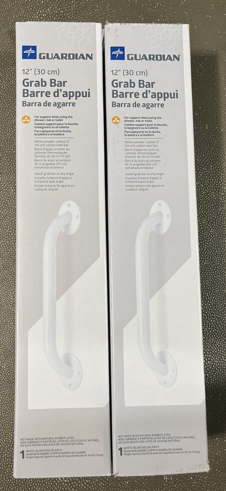 Medline Guardian 12” Bath Grab Bar, White Powder Coated Carbon Steel Bar, 2-Pack