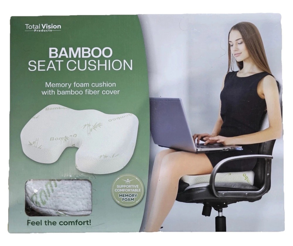 Total Vision Bamboo Fiber Memory Foam Seat Cushion White Removable Cover