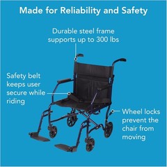 Portable 25 lbs Transport Wheelchair with Swing Away Footrests & Safety Belt