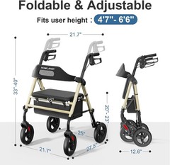 Foldable Rollator Walker with Seat for Seniors, 16″ Enlarged Seat | 8″ Wheels, 1