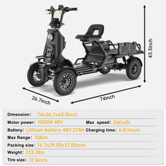 1000W Heavy-Duty 4-Wheel Mobility Scooter 50Km 3-Speed 15.5 mph 220lbs Load