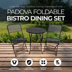Four Seasons Courtyard Padova Foldable 3 Piece Steel Bistro Dining Set, Black