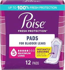 5 Drop Maximum Absorbency Incontinence & Postpartum Pads – 12 Count, Long Length