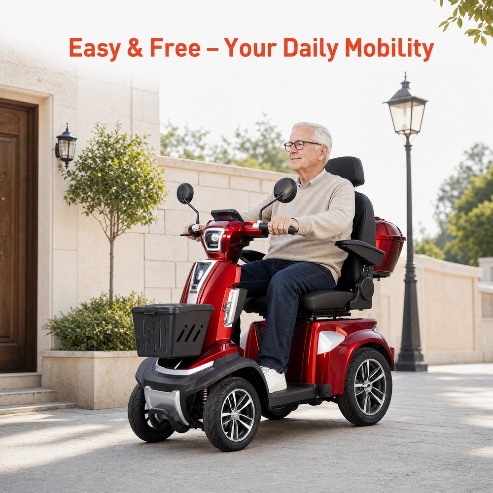 Heavy Duty 4-Wheel Mobility Scooter 25-37 Miles Range 4-Speed, 700lbs Load, Red