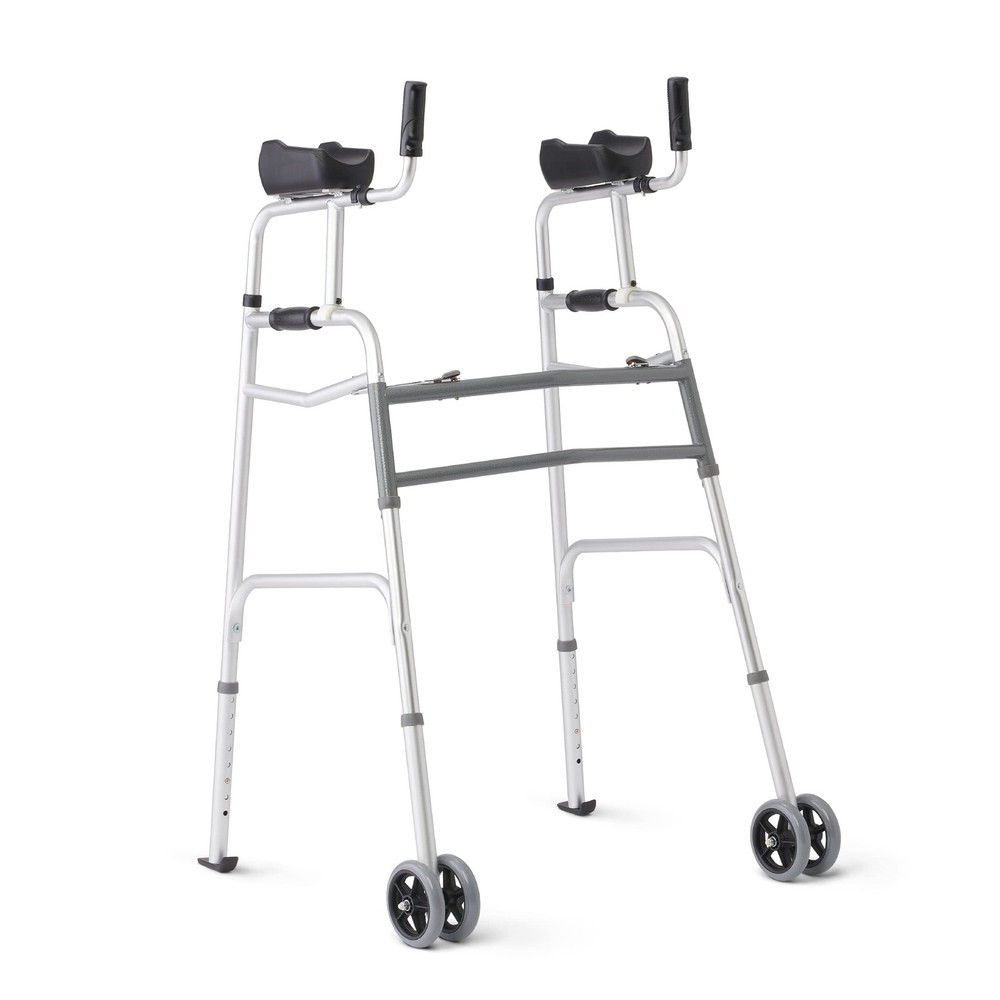 Medline Upright Folding Walker Forearm Rests 5″ Wheels Adjustable 300lb Capacity