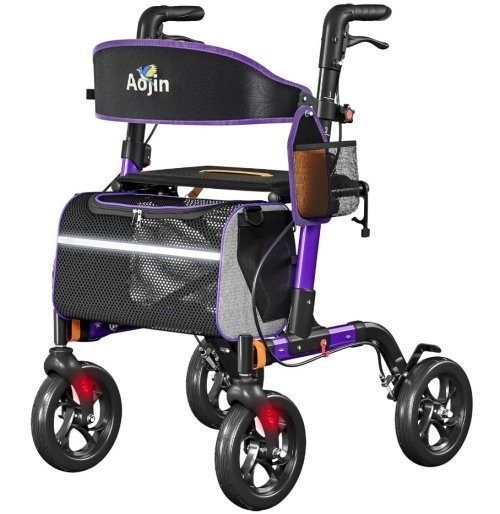 Aojin Lightweight & Foldable Rollator Walker w/Seat, 8″ All-Terrain, 18″ Seat…
