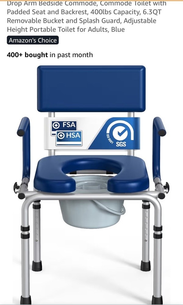 Drop Arm Bedside Commode Toilet with Padded Seat and Backrest, 6.3QT Bucket Read