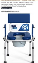 Drop Arm Bedside Commode Toilet with Padded Seat and Backrest, 6.3QT Bucket Read