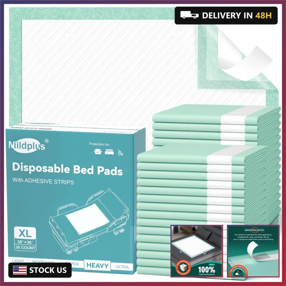 MILDPLUS Bed Pads with Adhesive Strips 30“X36“, 10 Count Chucks Disposable Und