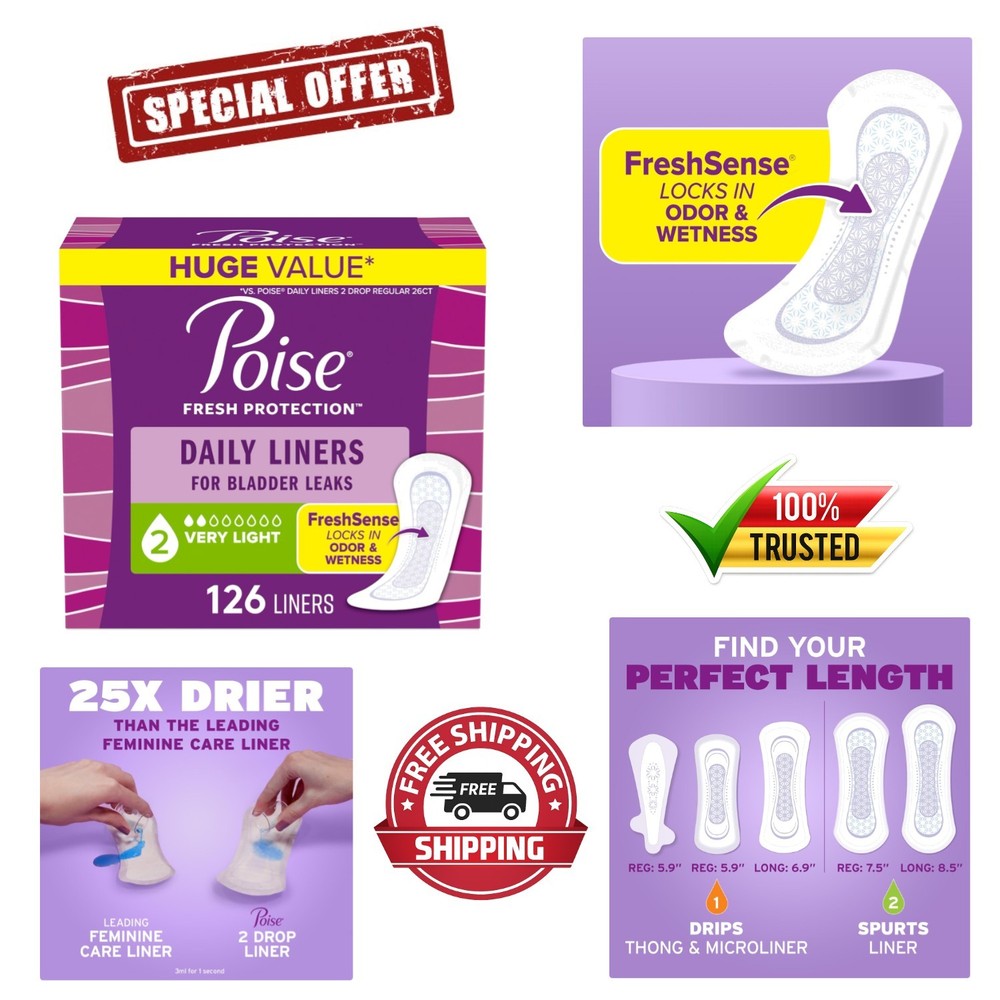 Poise Daily Incontinence Liners, Size 2, Regular Length Very Light, 126 ct
