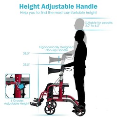 Folding Medical Rollator Walker Aluminum Transport Chair Adjustable Handle Red