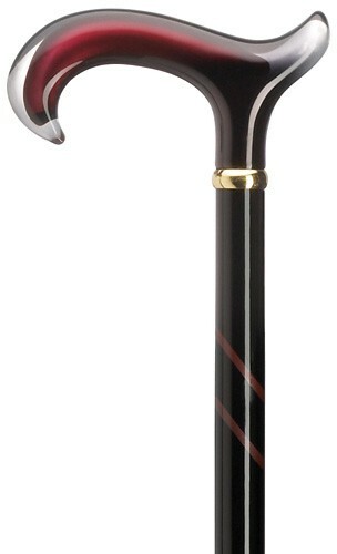 Ladies German Burgundy Acrylic Derby Handle Black Stripe Tease Wood Shaft Cane