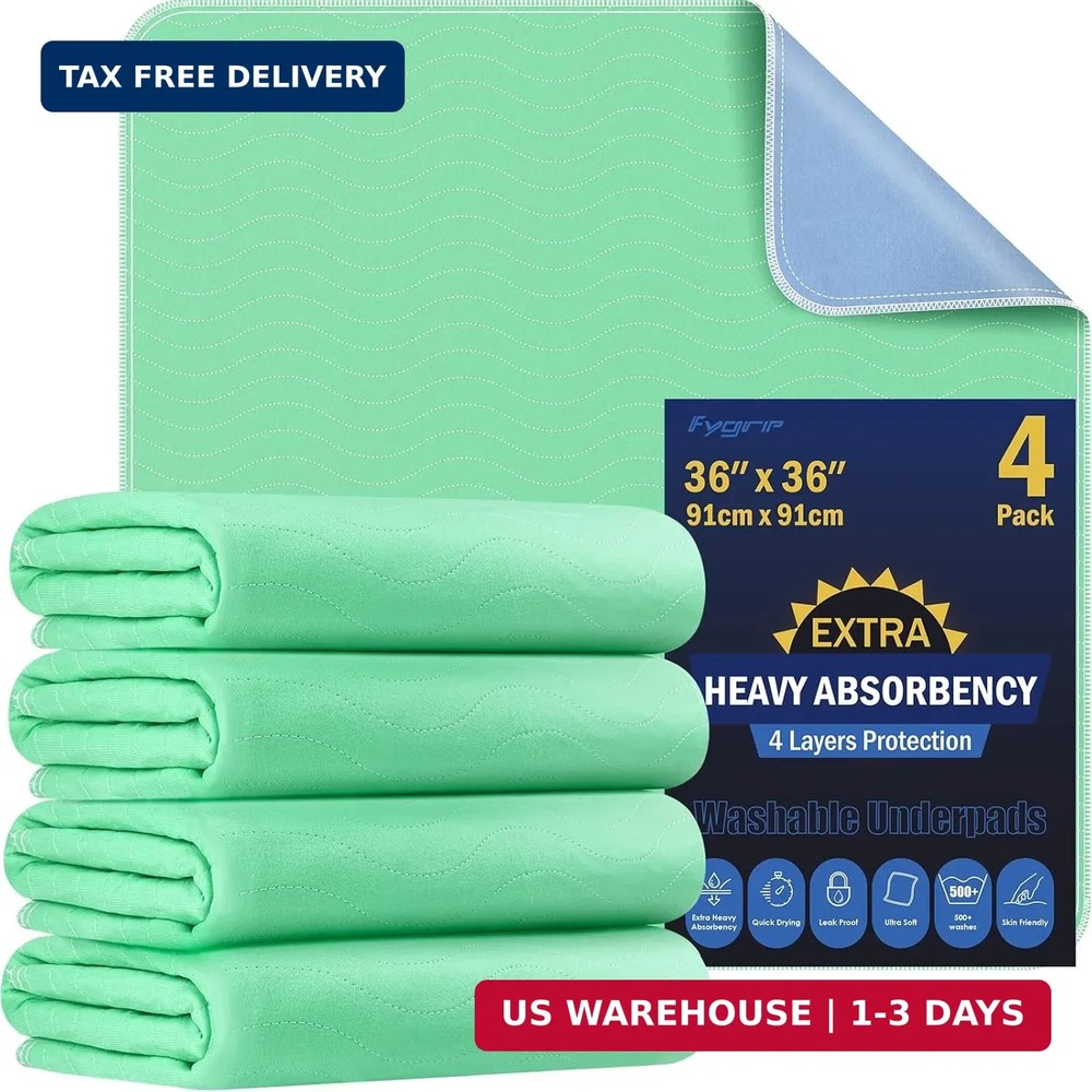 FYGRIP 4 Pack 36″ x 36″ Extra Heavy Absorbency Washable Underpads, Waterproof Qu