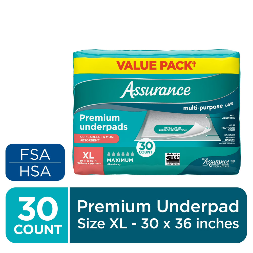 Assurance Unisex Premium Underpad for Adults, XL, Maximum Absorbency, 30 Count