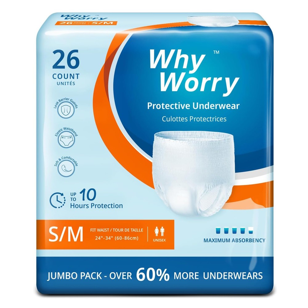 WhyWorry Disposable Adult Protective Underwear, Overnight Absorbency, S/M, 26 Ct