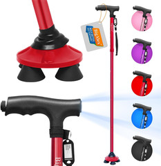 Folding Walking Cane with LED Light, Pivot Quad Base, Adjustable Alloy Stick