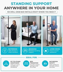 Double Handle Non-Rotating Floor to Ceiling Grab Bar, No-Drill Tension Mounte…