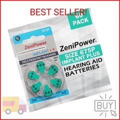 60 ZeniPower Hearing Aid Batteries Size: 675P Cochlear + Battery Holder Keychain