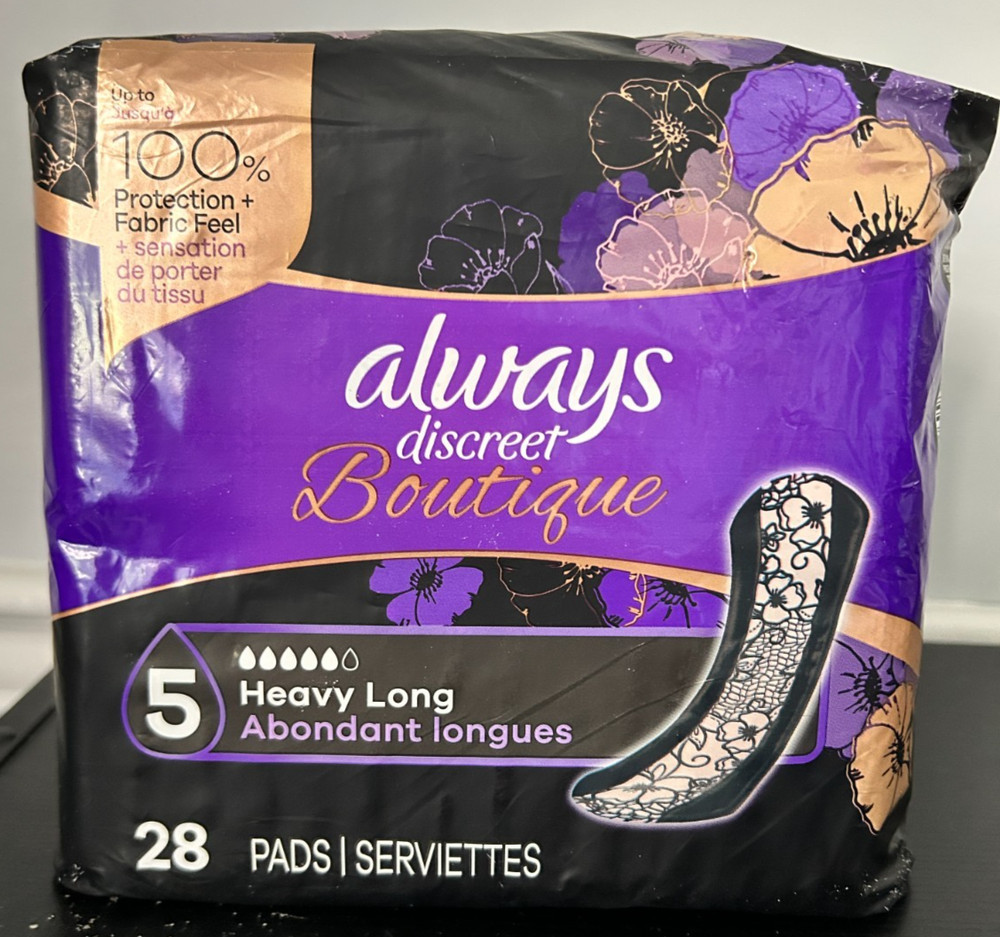 Always Discreet Boutique Incontinence Pads, Size 5, Heavy Absorption, Long, 28ct