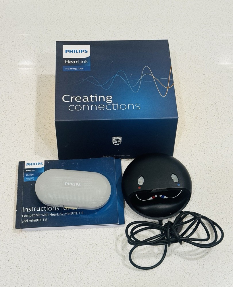 PHILIPS HEARLINK Hearing aid ‘Gray & Yellow’ OEM CASE + Charger And BOX ONLY