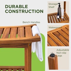 Teak Wood Shower Bench with Shelf, 2-Tier Waterproof Teak Shower Stool, Non-Slip