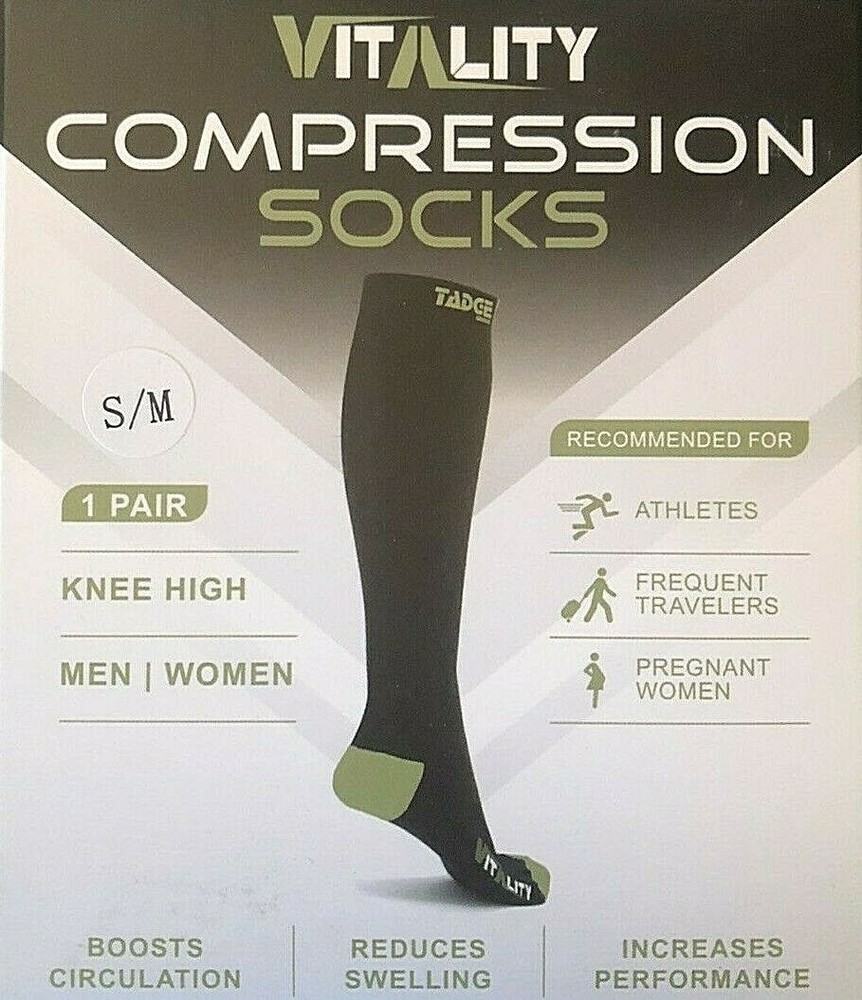 Tadge VITALITY COMPRESSION Socks Black Gray S/M Men Women 1Pair NEW in Box