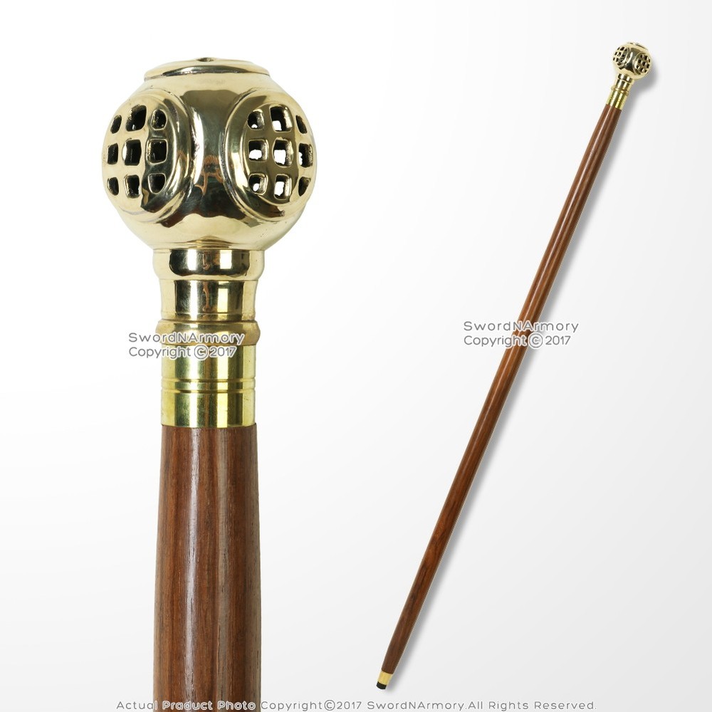 Nautical Diver’s Helmet Walking Stick Cane Brass Handle Aquatic Life Decorative