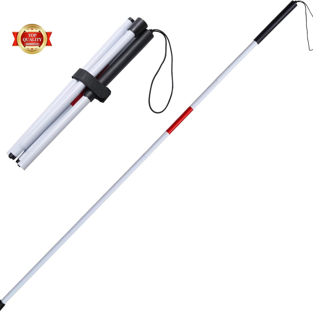 Foldable White Cane(Blind Cane) with Red Reflective Strip, 49 Inch Lightweight W