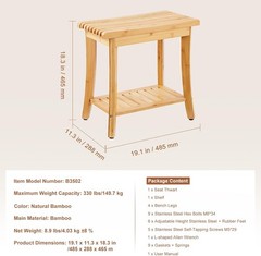 Bamboo Shower Bench, 19in Waterproof Shower Stool Chair with Storage Shelf
