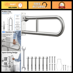 Wall-Mounted Toilet Grab Bar, 304 Stainless Steel Folding Support Rail for Senio