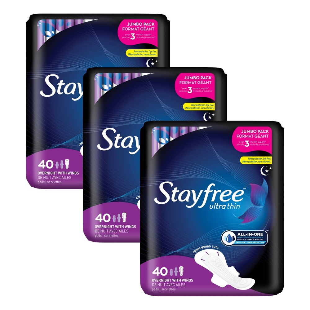 Stayfree Ultra Thin Overnight Pads 40 Count (Pack of 3), With Wings