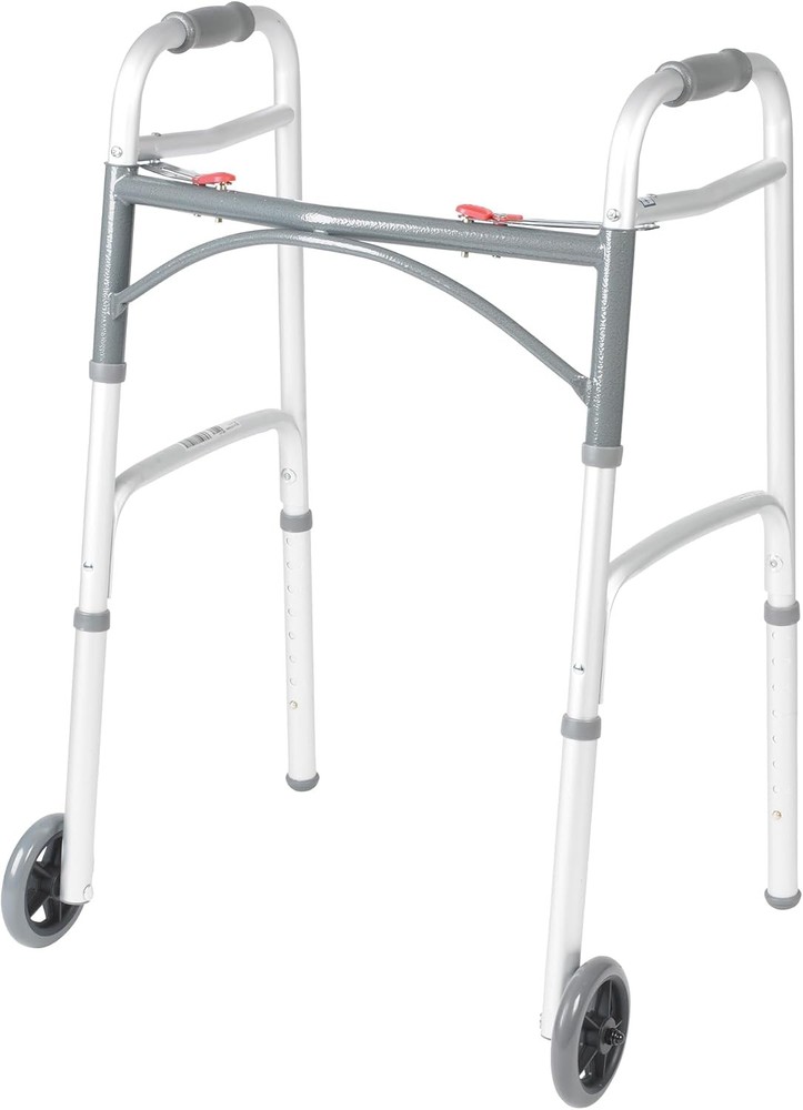 Drive Medical Two-Button Folding Walker with Wheels Lightweight Silver