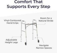 Drive Medical Two-Button Folding Walker with Wheels Lightweight Silver
