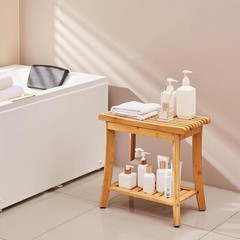 Bamboo Shower Bench, 19in Waterproof Shower Stool Chair with Storage Shelf