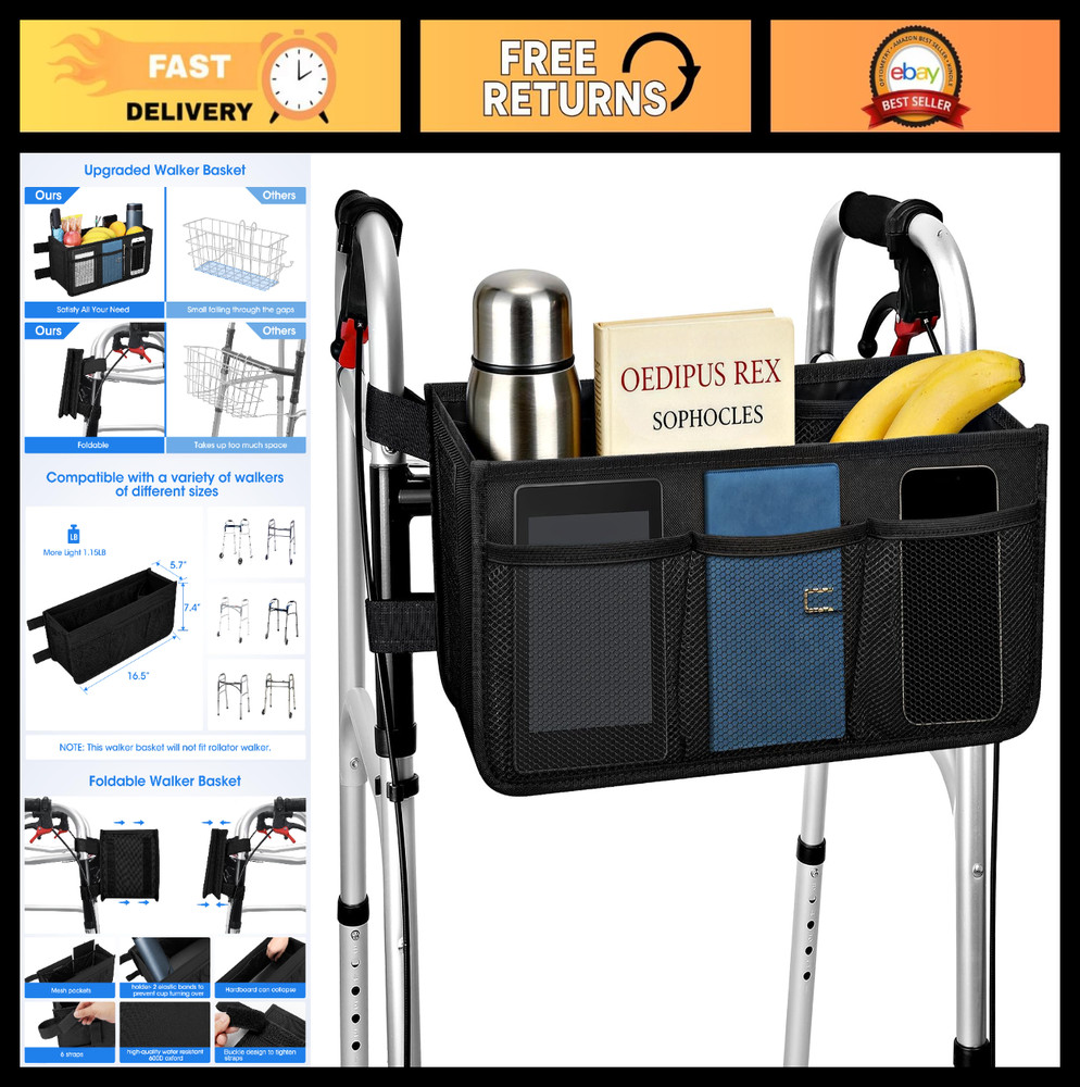 Foldable Walker Basket with Cup Holder | Large Capacity Walker Bag for Seniors,