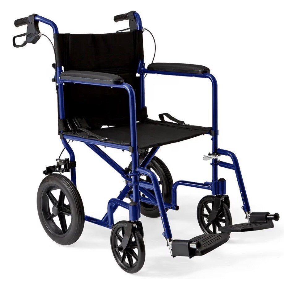 Medline 19×16″ Aluminum Transport Wheelchair Chair, Lg Rear Wheels- Blue, NEW