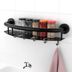Black 18-Inch Safety Grab Bar with Storage Shelf for Bathtub or Shower, Drainage