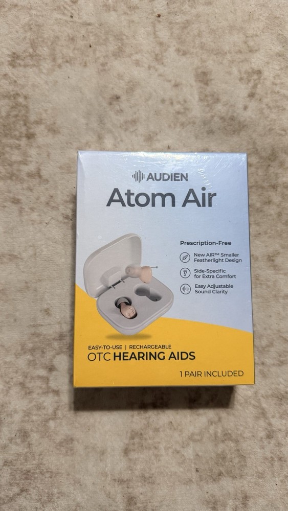 ***OTC Audien Atom Air ITE Hearing Aids, Rechargeable Pair w/ Charging Case