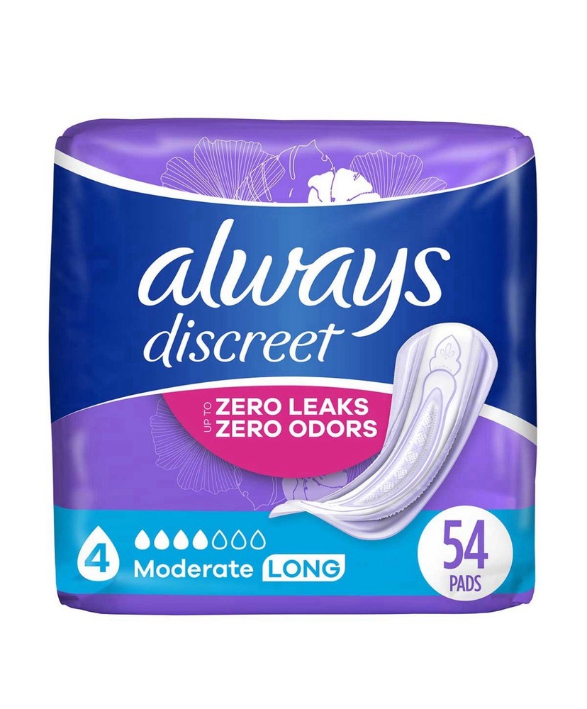 Always Discreet Incontinence Pads Women Moderate Absorbency Long 4 Drop 54 Ct