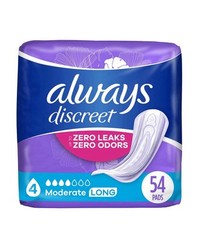 Always Discreet Incontinence Pads Women Moderate Absorbency Long 4 Drop 54 Ct
